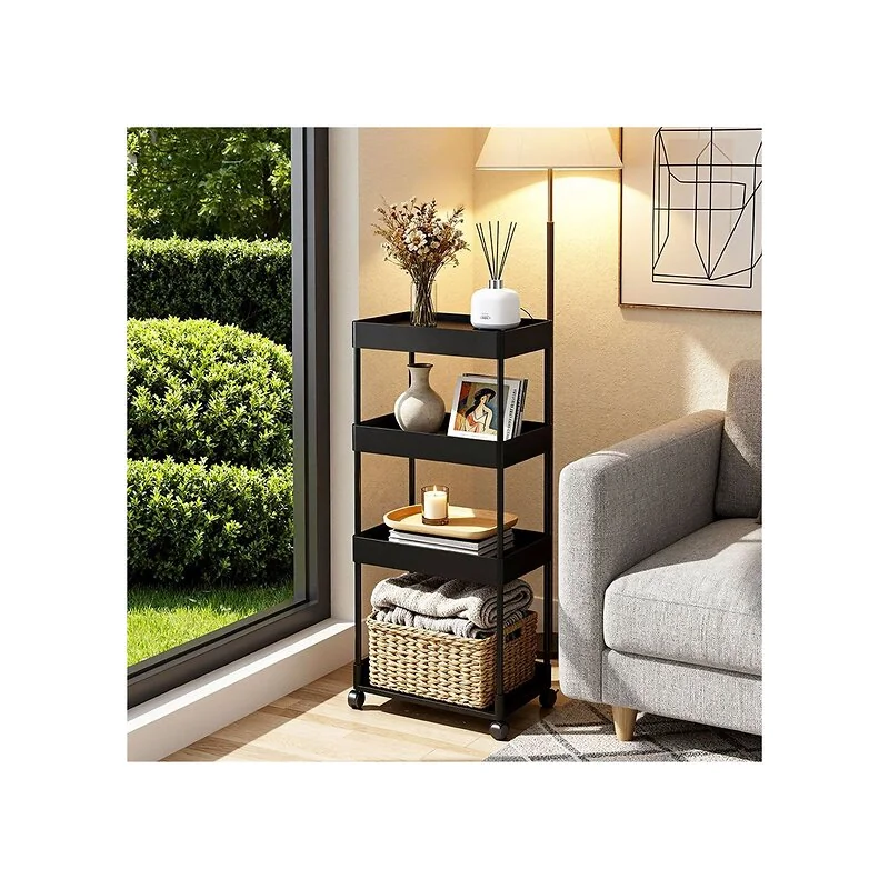 Living & Home 4 Tiers Shelf Trolley Cart Storage Rack for Kitchen Bathroom Black
