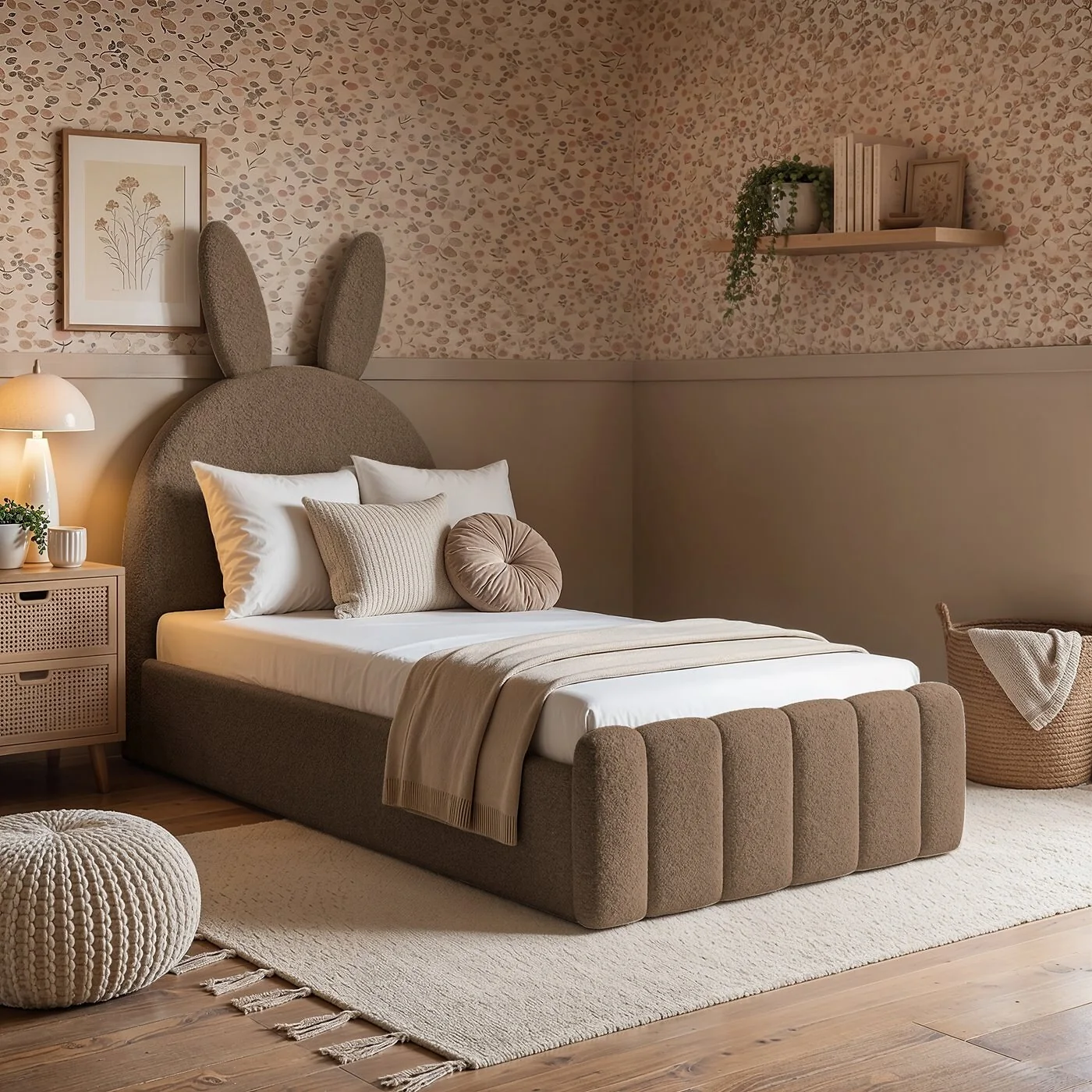 Flair Lapin Single Bed with Bunny Headboard and Drawer Brown Chenille