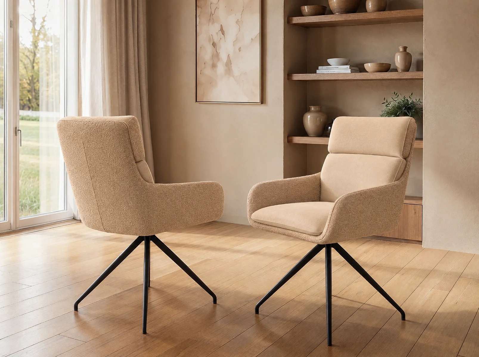 SOLACE+CO Quincy set of 2 brown swivel dining chairs with arms in a living room