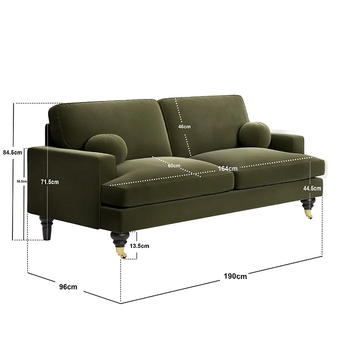 Dimensions diagram: SOLACE+CO Addison 3 Seater Sofa with Caster Legs