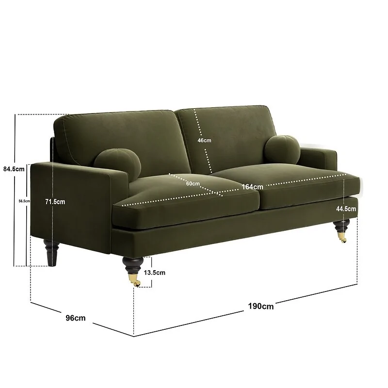 SOLACE+CO Addison 3 Seater Sofa with Caster Legs Green Velvet image 6