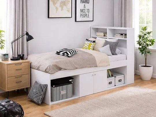 Kidsaw Low 3ft Single Cabin Bed with bookcase headboard  underbed cupboard and open storage