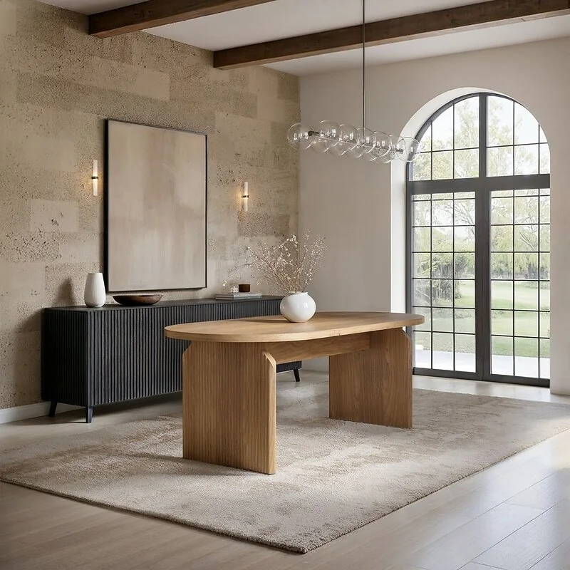 SOLACE+CO Varm Ribbed Oval Dining Table & 2 Bench Set Oak image 4