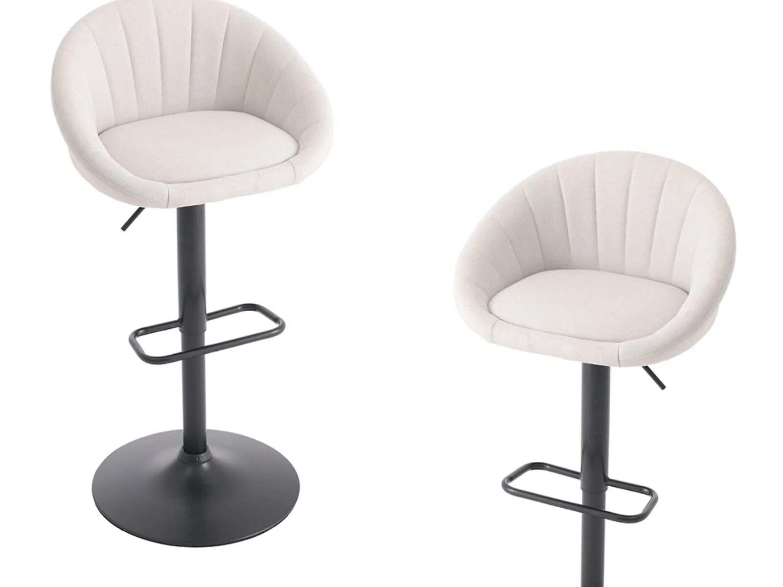 set of 2 beige linen swivel bar stools with adjustable height and black base