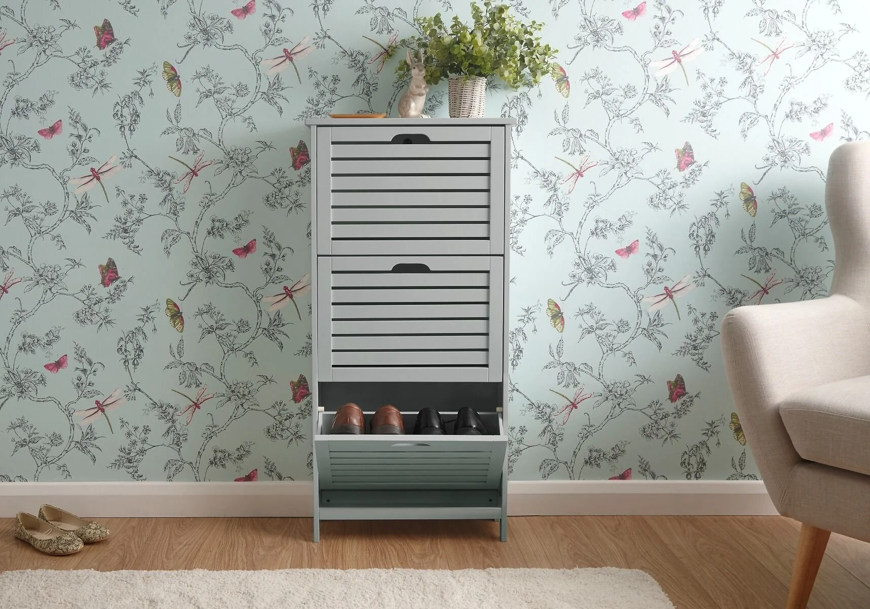 GFW Bergen three tier slim shoe cabinet with flip down compartments and slatted front design