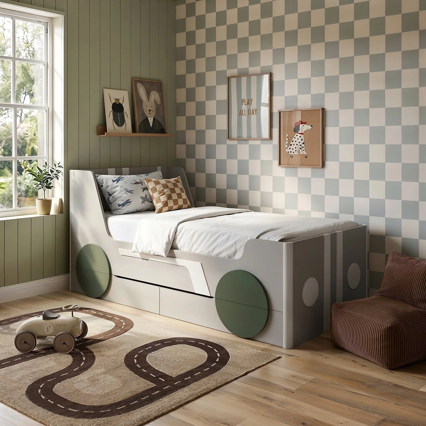 Flair Cooper Single Car Bed with Drawers Grey & Green