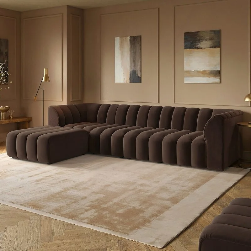 SOLACE+CO Halle Channel Tufted 4 Seater Modular Sofa with Reversible Footstool Mocha Velvet