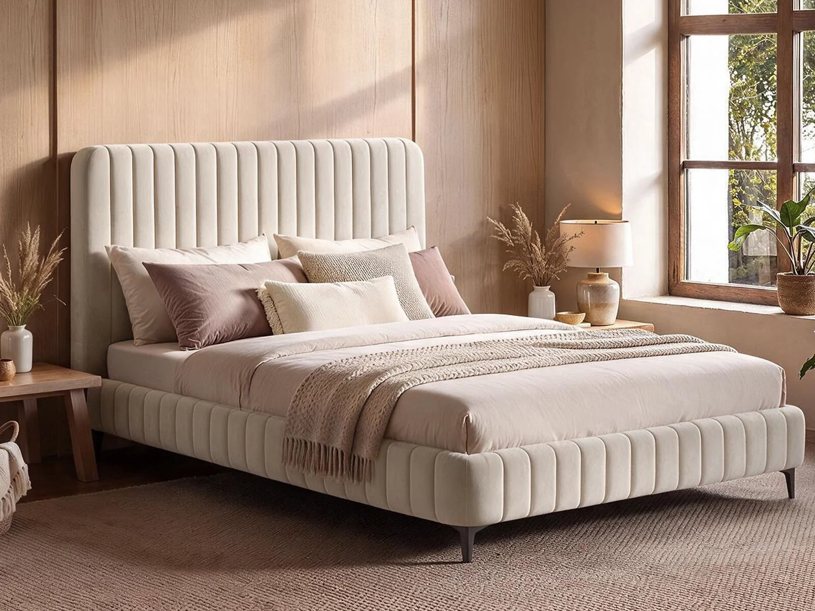 SOLACE+CO Adelaide Beige velvet lined upholstered bed frame