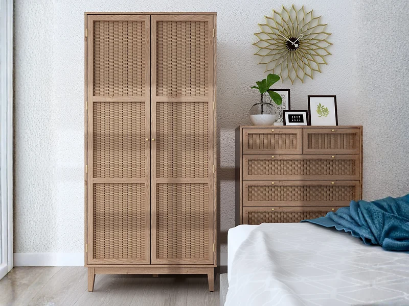 LPD Bordeaux oak wardrobe with rattan doors and gold handles
