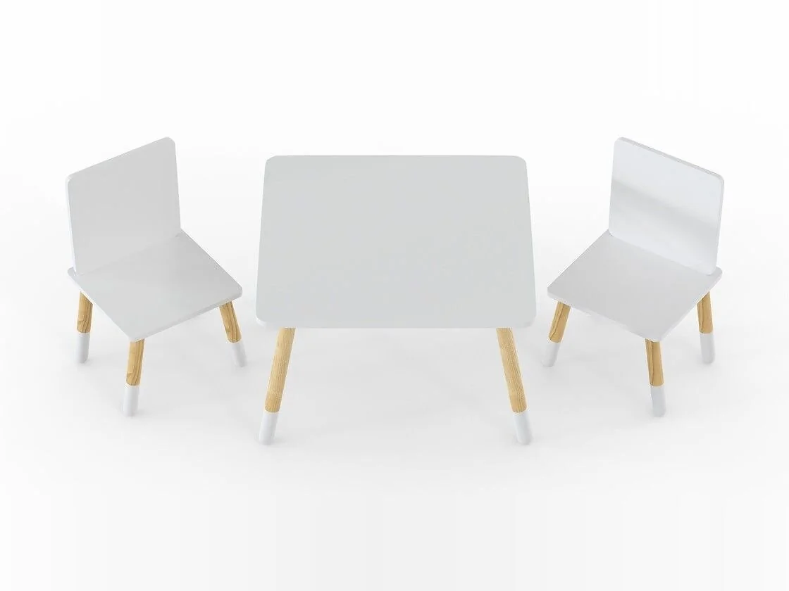 White Kidsaw toddler table and chairs with natural wooden legs