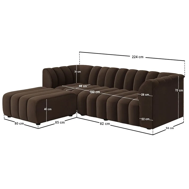 SOLACE+CO Halle Channel Tufted 3 Seater Sofa with Footstool Brown Velvet image 5