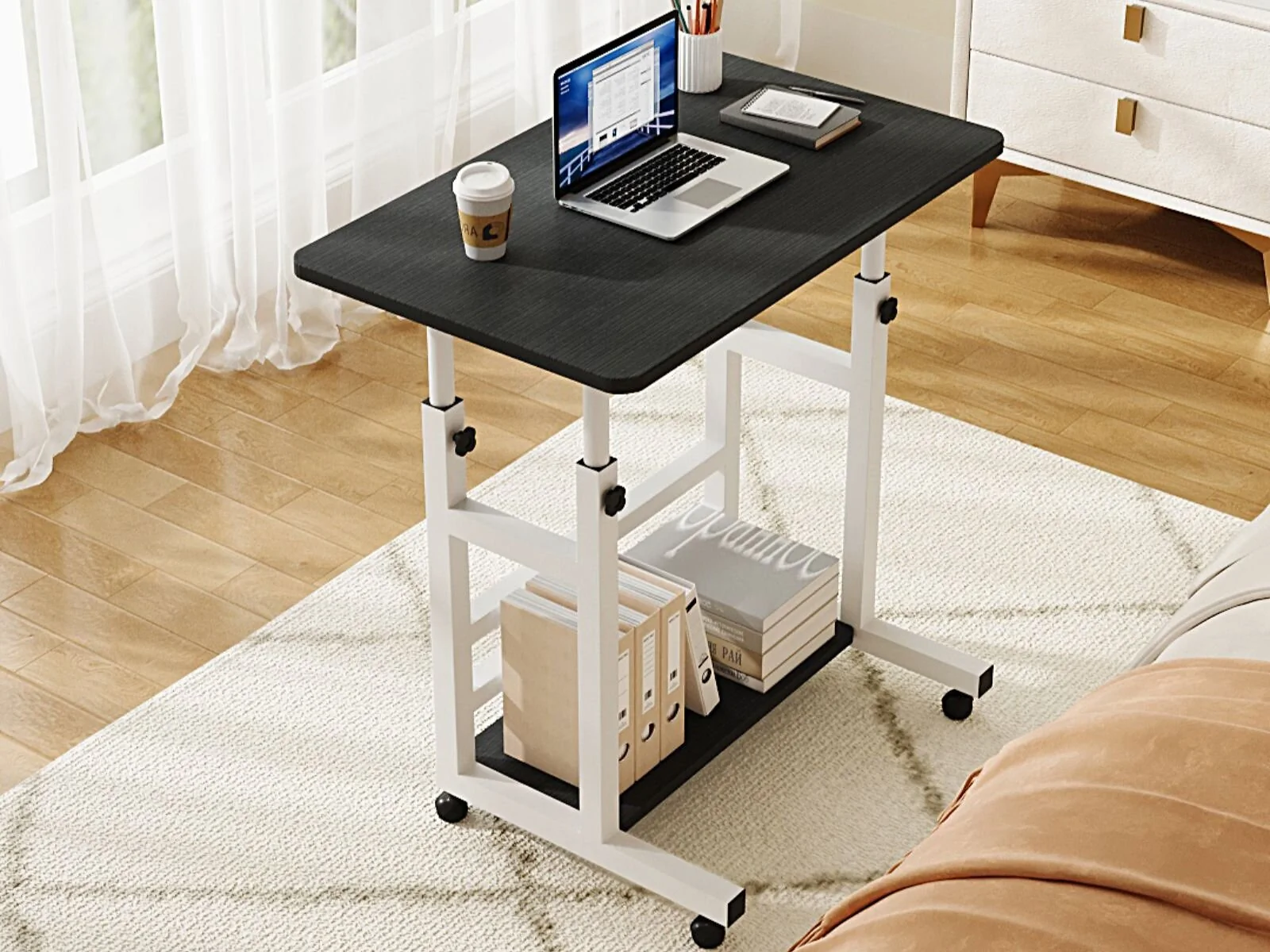 height adjustable overbed table with wheels white