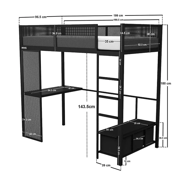 Dimensions diagram: Recoil Glitch Metal High Sleeper with Desk