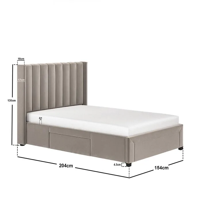 Dimensions diagram: Flair Tiggy Storage Bed with Winged Headboard Beige Velvet