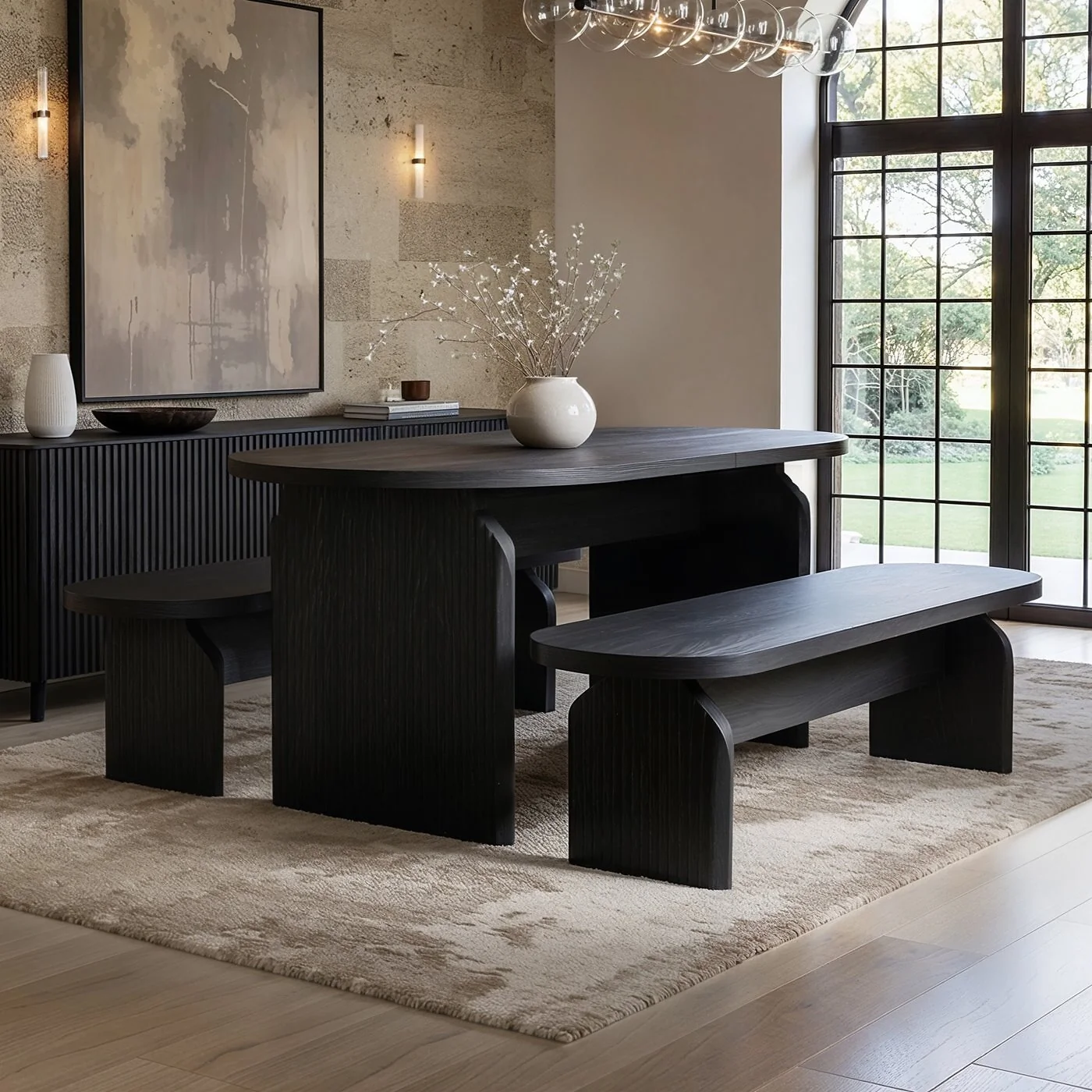 SOLACE+CO Varm Ribbed Oval Dining Table & 2 Bench Set