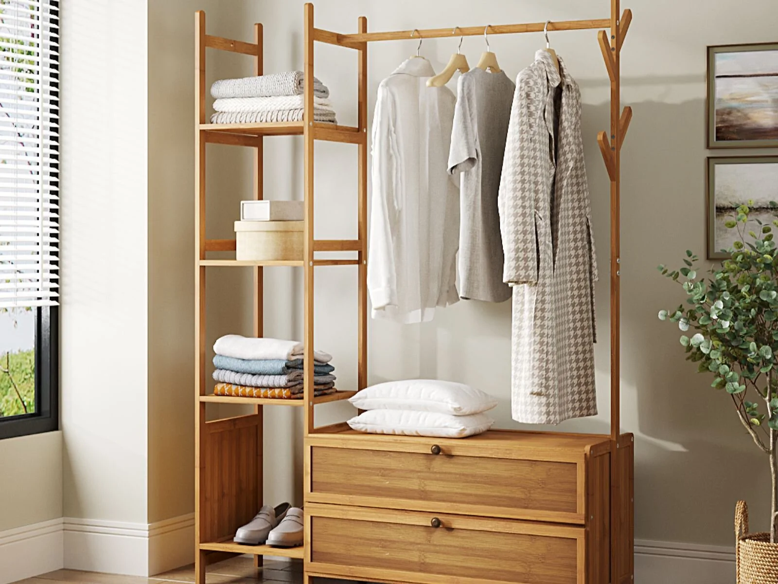 Living & Home Multi Functional Wooden Coat Rack with Drawers for Storage and Organisation