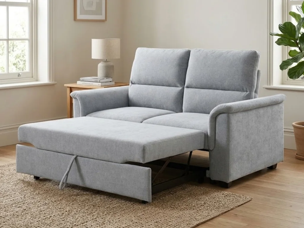 Kyoto Beckett sofa bed in Grey chenille with curved armrests and seam detailing on the backrest