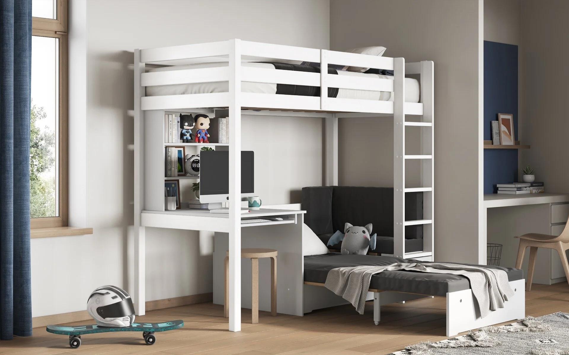 Noomi Eino White High Sleeper Bed With Futon Sofa and Desk