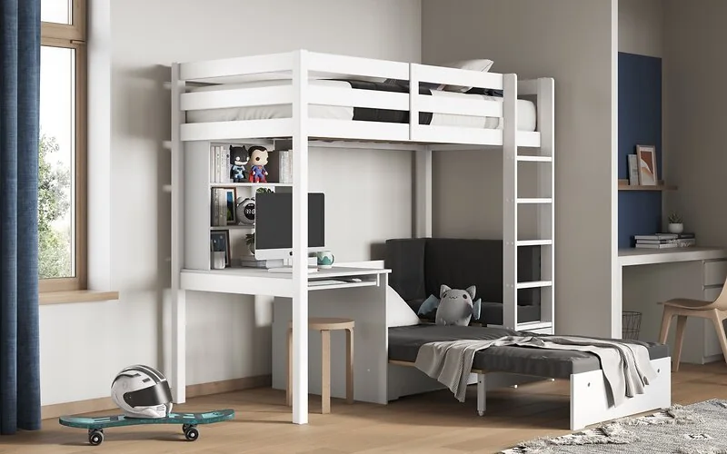Noomi Eino White High Sleeper Bed With Futon Sofa and Desk