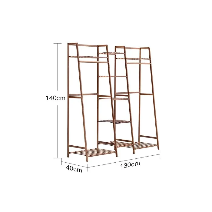 Dimensions diagram: Living & Home Bamboo Trapezoid Clothing Rack with 5-Tier Storage Shelves Multi-Functional Clothes Hanging Rack Stand