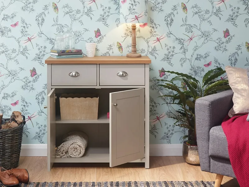 Country style sideboard with oak-effect top and double-door cupboard
