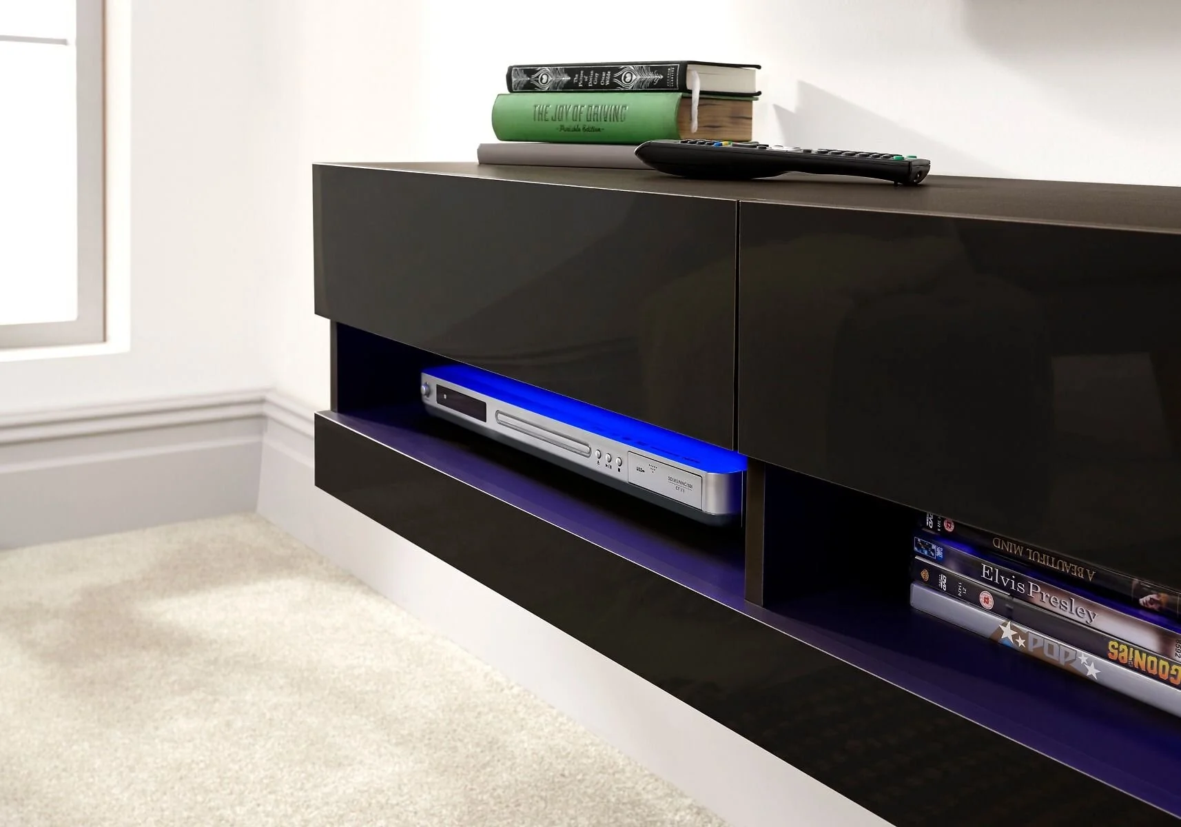 GFW Galicia wall mounted TV unit with LED light and high-gloss finish