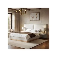 SOLACE+CO Vera Hotel Bed with Integrated Bedside Tables Cream Chenille