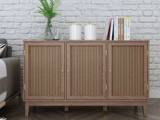 LPD Bordeaux oak large sideboard with rattan doors and gold handles