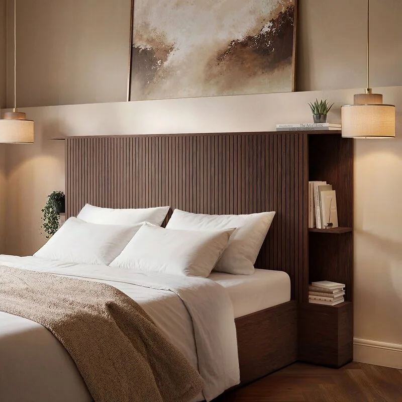 Solace+Co Zora Ottoman Bed with Headboard Shelves Walnut image 4