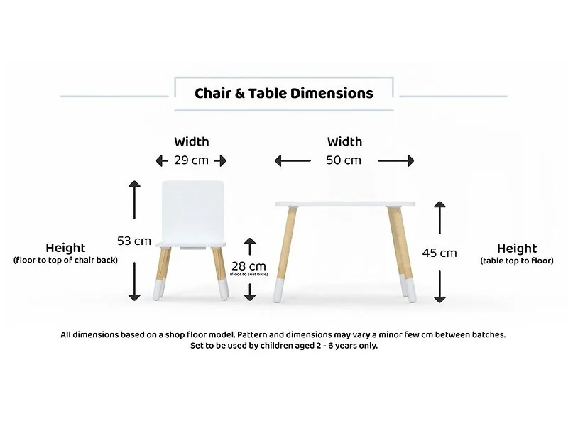 White Kidsaw toddler table and chairs with natural wooden legs
