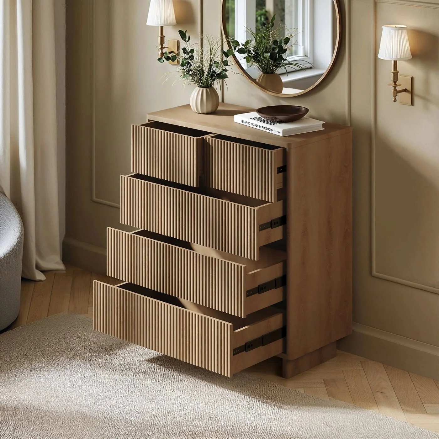 SOLACE+CO Velmor Ribbed Chest of 5 Drawers Oak image 3