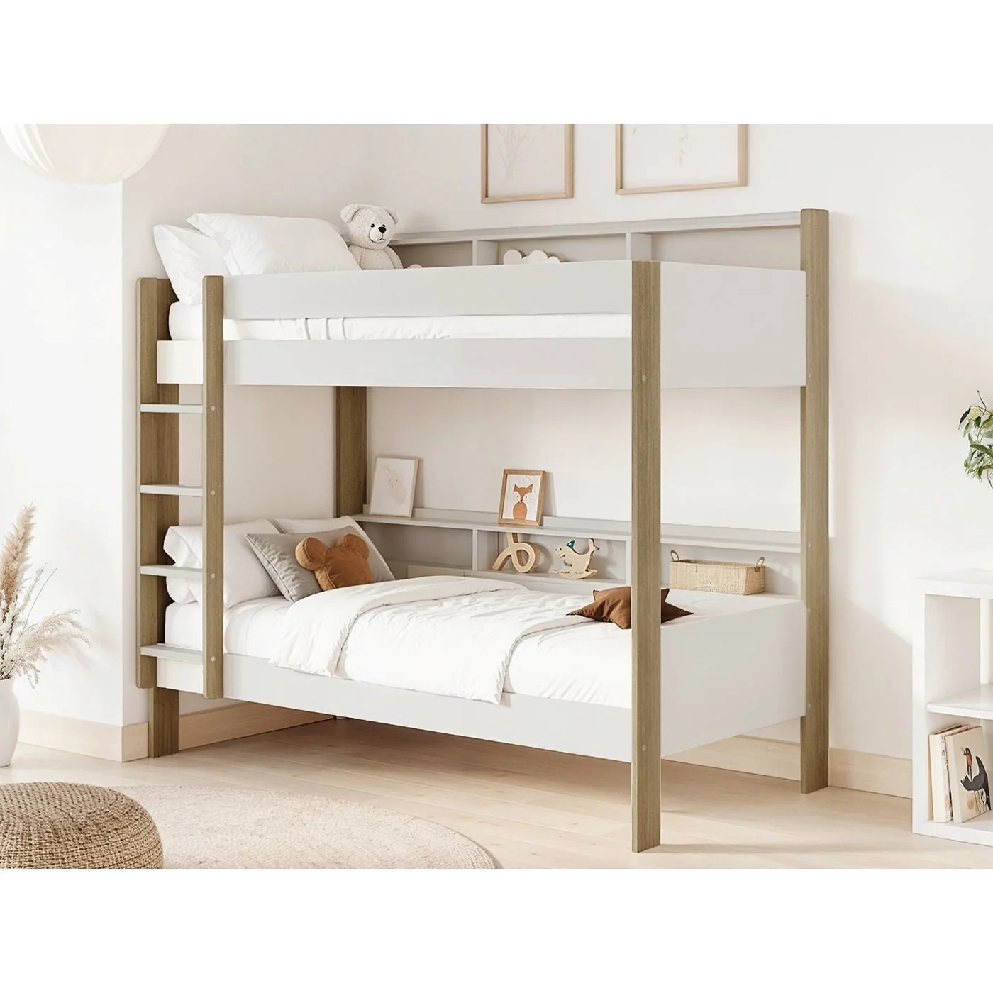 Noomi Bodie Bunk Bed with Shelves White Solid Wood (FSC-Certified)
