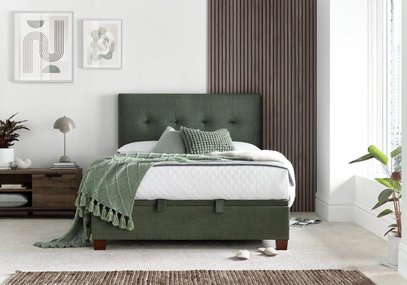 Kaydian Walkworth Fabric Ottoman Storage Bed Winter Moss