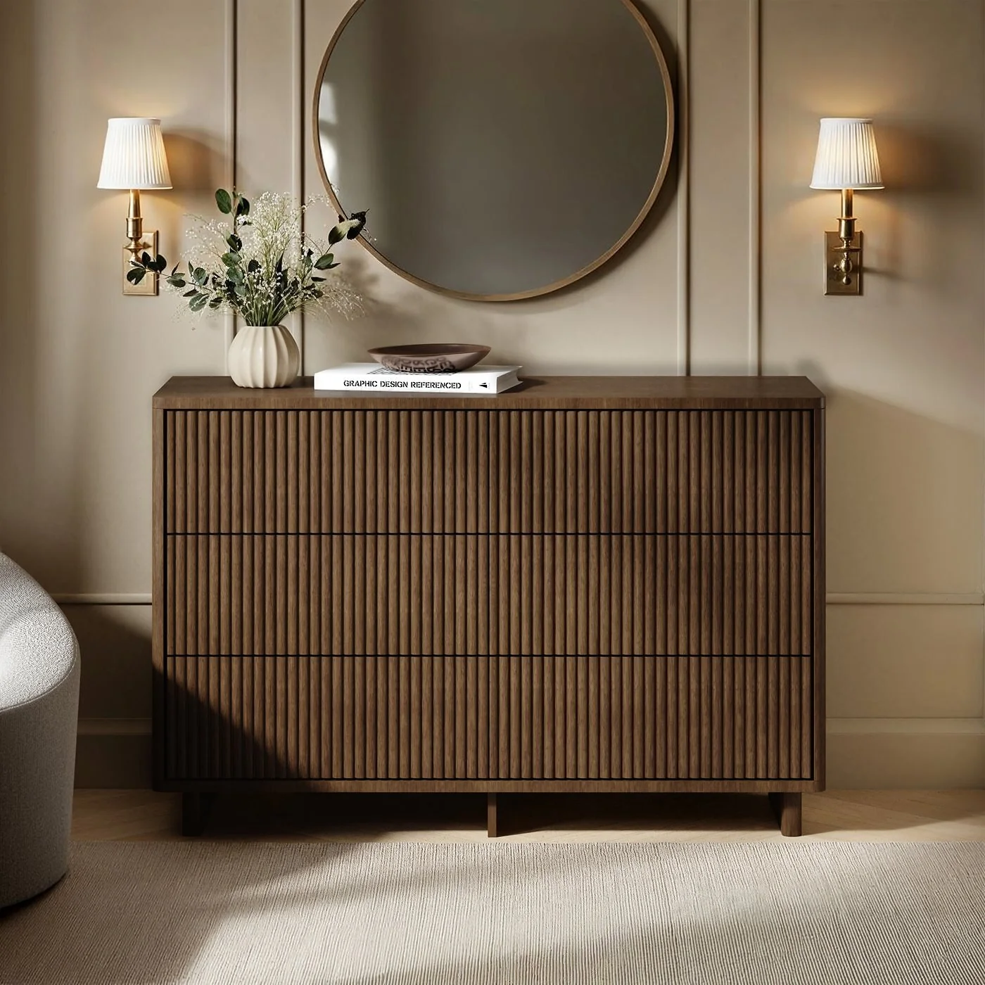 SOLACE+CO Velmor Ribbed Chest of 6 Drawers Walnut