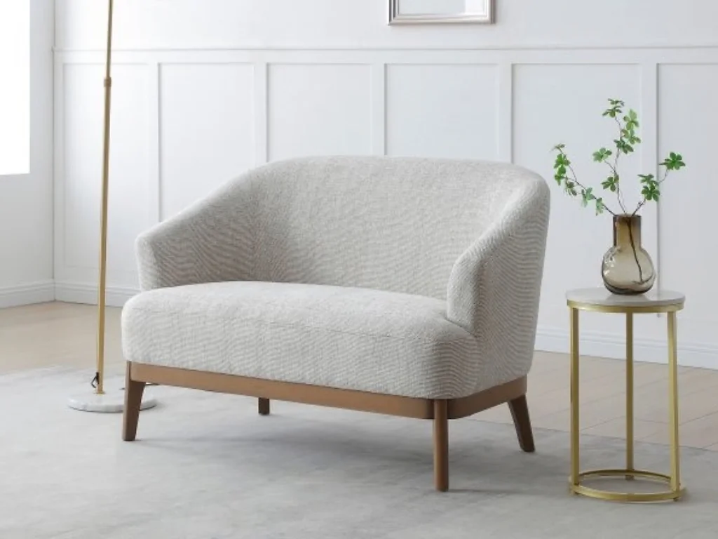 Kyoto Ella tub-style two-seater chair with chenille upholstery and antique wood plinth