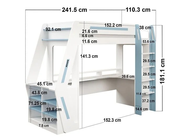 Dimensions diagram: Recoil Alister Gaming High Sleeper with Desk & Storage