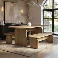 SOLACE+CO Varm Ribbed Oval Extendable Dining Table & 2 Bench Set
