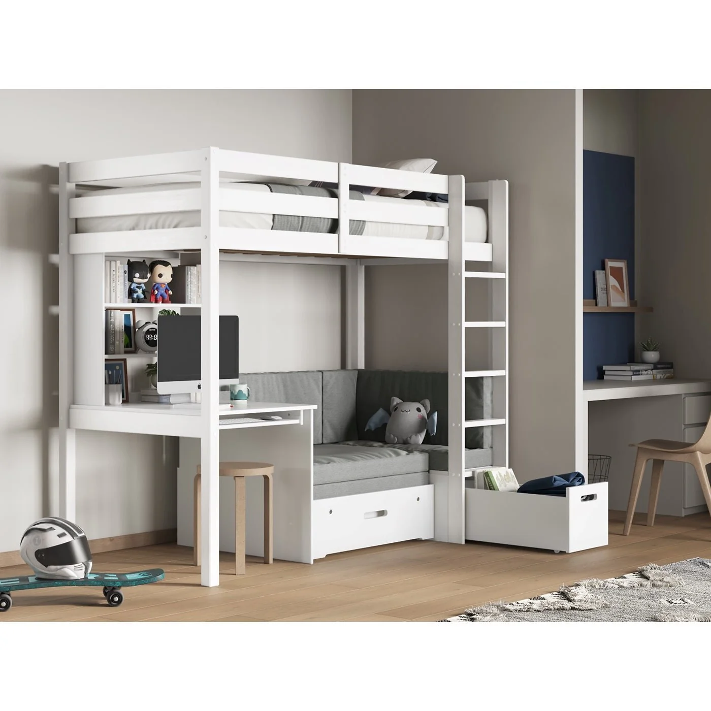 Noomi Eino White High Sleeper Bed With Futon Sofa and Desk