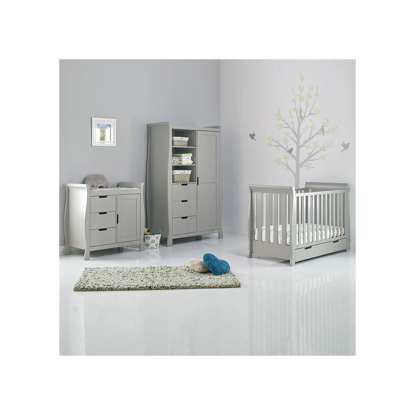 Obaby Stamford Mini Sleigh Cot Bed 3 Piece Nursery Set in Warm Grey