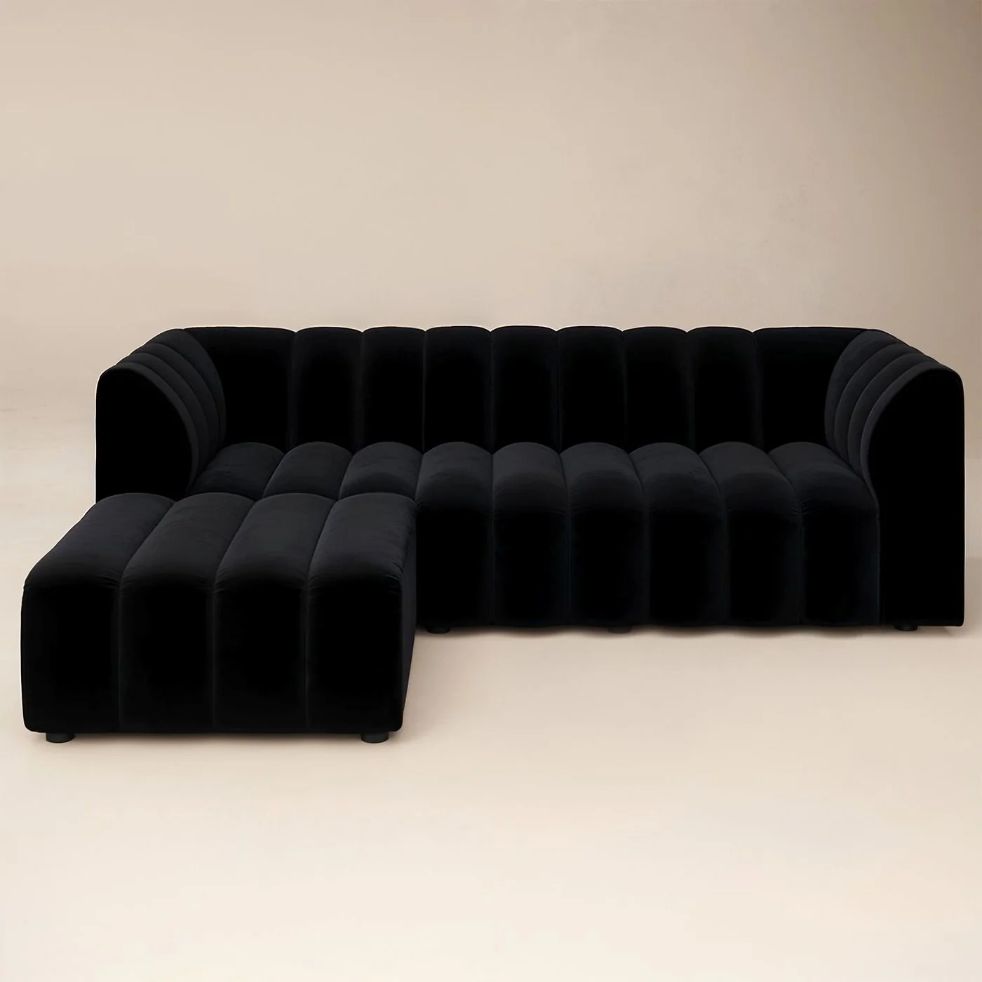 SOLACE+CO Halle Channel Tufted 3 Seater Sofa with Footstool Black Velvet image 4