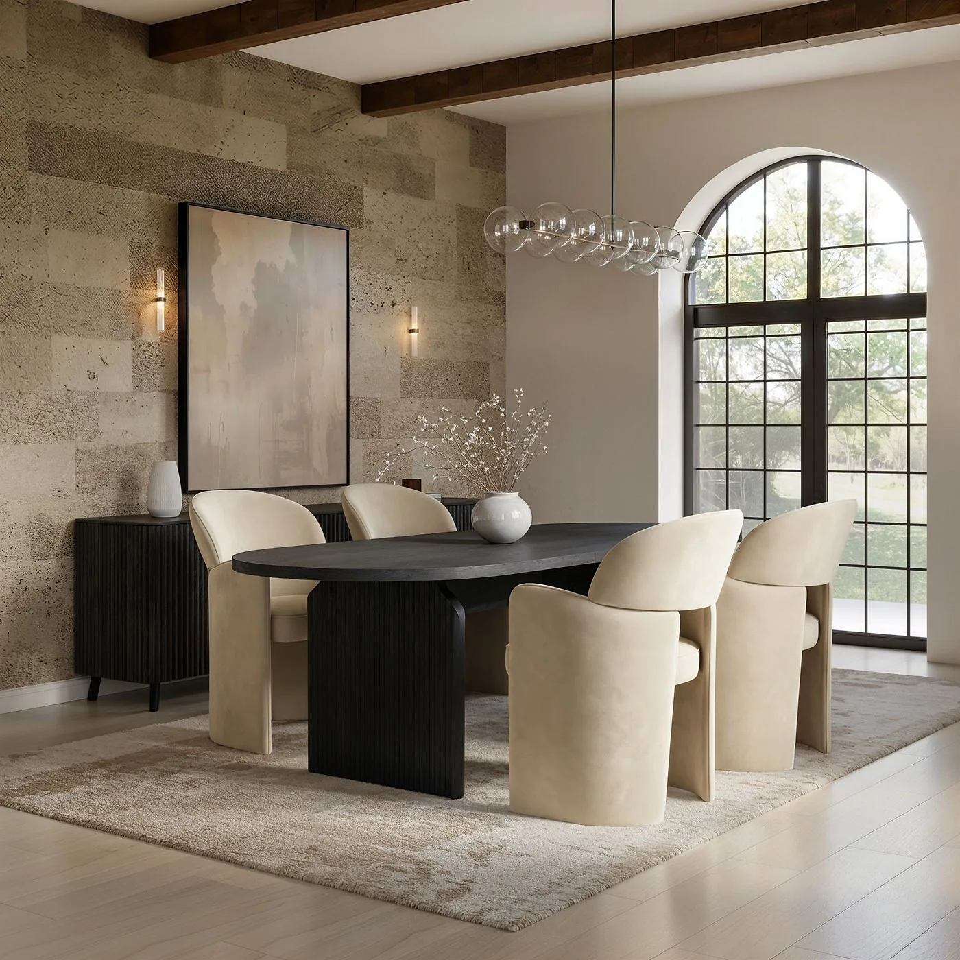 SOLACE+CO Varm & Estella Extendable Black Dining Table with Velvet Chairs Beige