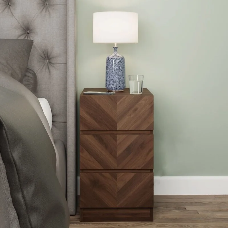 GFW Catania pair of 3 drawer bedside tables with herringbone wood-effect fronts