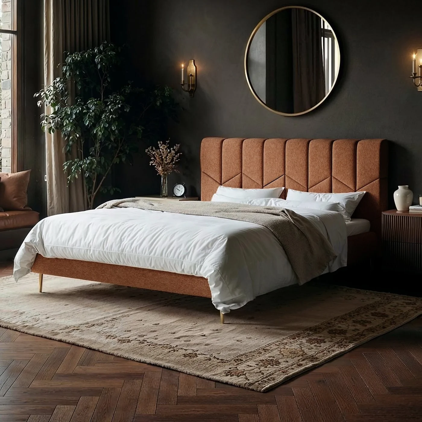 SOLACE+CO Isabela Light Orange Chenille Upholstered Bed with Chevron Headboard