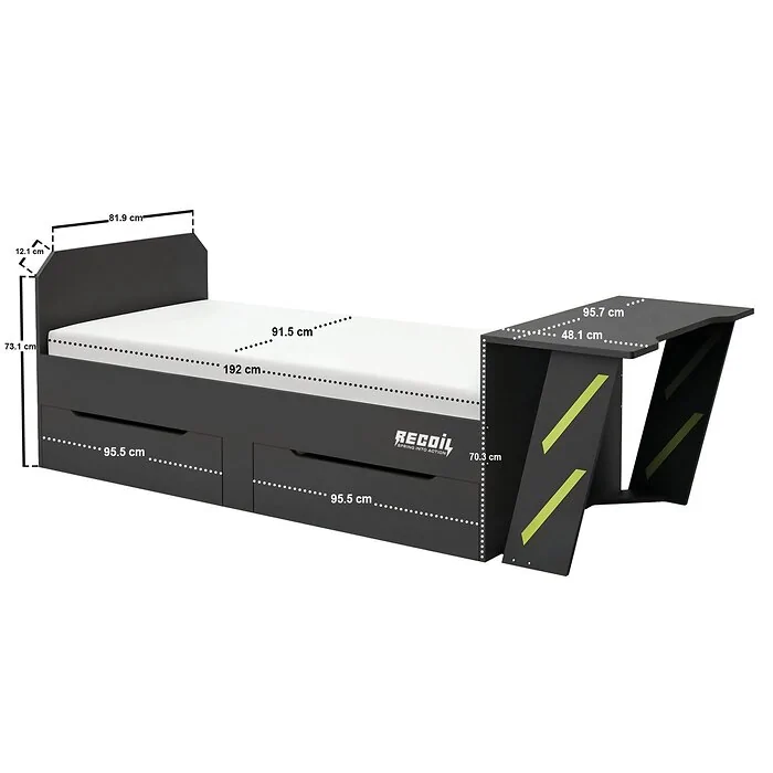 Dimensions diagram: Recoil Alister Gaming Single Bed with Desk Charcoal and Green