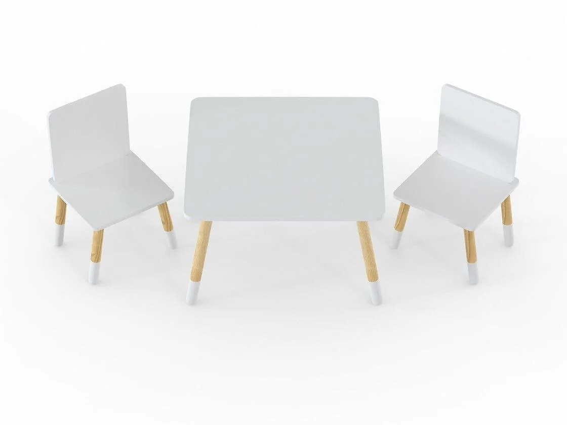White Kidsaw toddler table and chairs with natural wooden legs