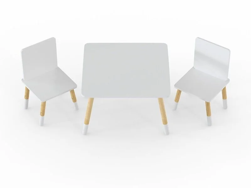 White Kidsaw toddler table and chairs with natural wooden legs