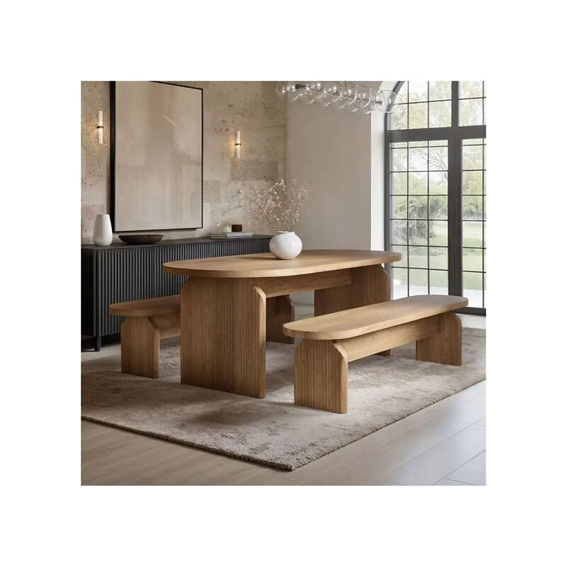 SOLACE+CO Varm Ribbed Oval Dining Table & 2 Bench Set Oak