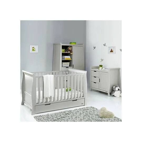Obaby Stamford Classic Sleigh Cot Bed 3 Piece Nursery Set in Warm Grey