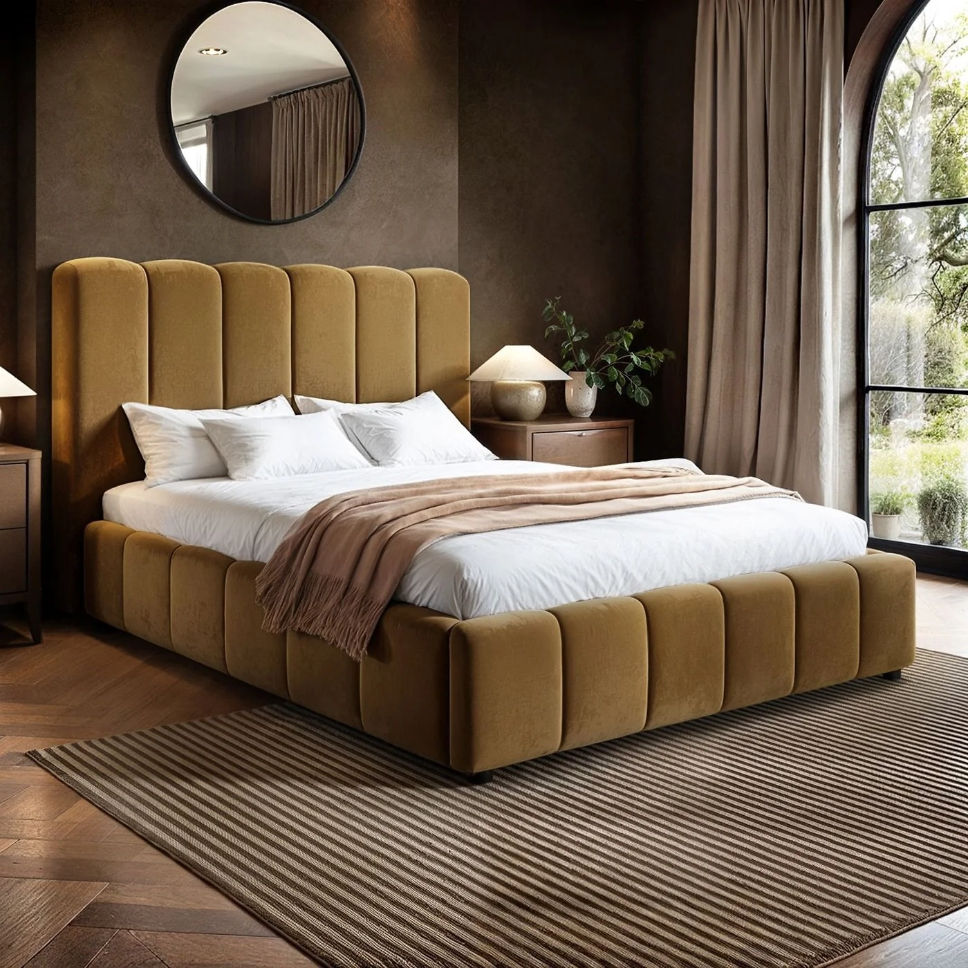 SOLACE+CO Emilie Ribbed Ottoman Bed Caramel Velvet