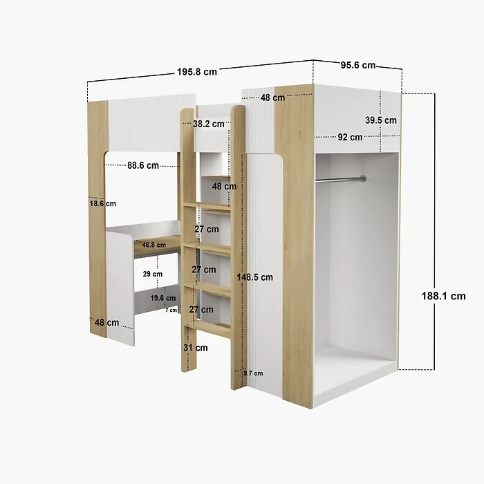 Dimensions diagram: Flair Aeson High Sleeper Bed with Desk & Wardrobe White & Oak